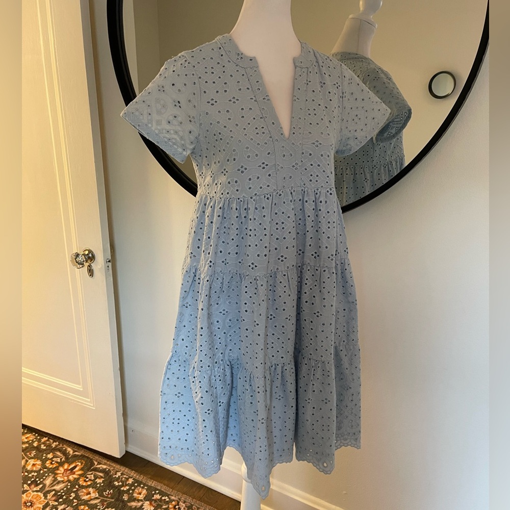Blue Eyelet Tiered V-Neck Women's Dress - Picture 3 of 8